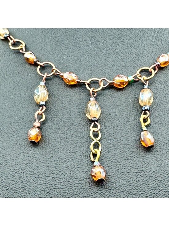 Handmade Jewelry - Vintage Choker Necklace Glass Beads Copper Chain Drop Elegant Bohemian Coquette